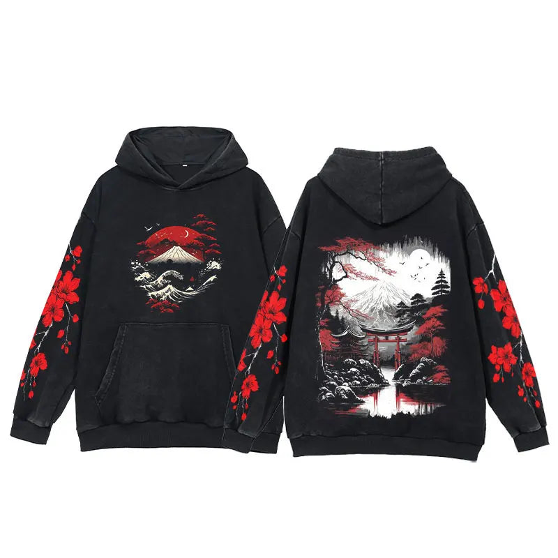 Japanese themed Mt Fuji Landscape Unisex Vintage Washed Hoodies Kawaiies