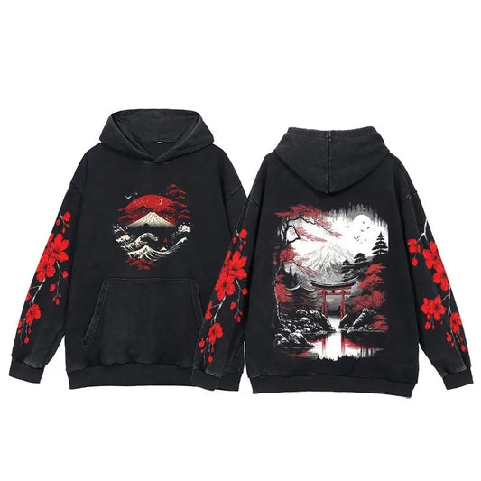 kawaiies-softtoys-plushies-kawaii-plush-Japanese-themed Mt Fuji Landscape Unisex Vintage Washed Hoodies Apparel Shrine S 