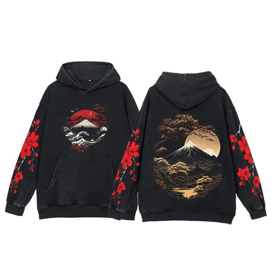 kawaiies-softtoys-plushies-kawaii-plush-Japanese-themed Mt Fuji Landscape Unisex Vintage Washed Hoodies Apparel Sunset L 