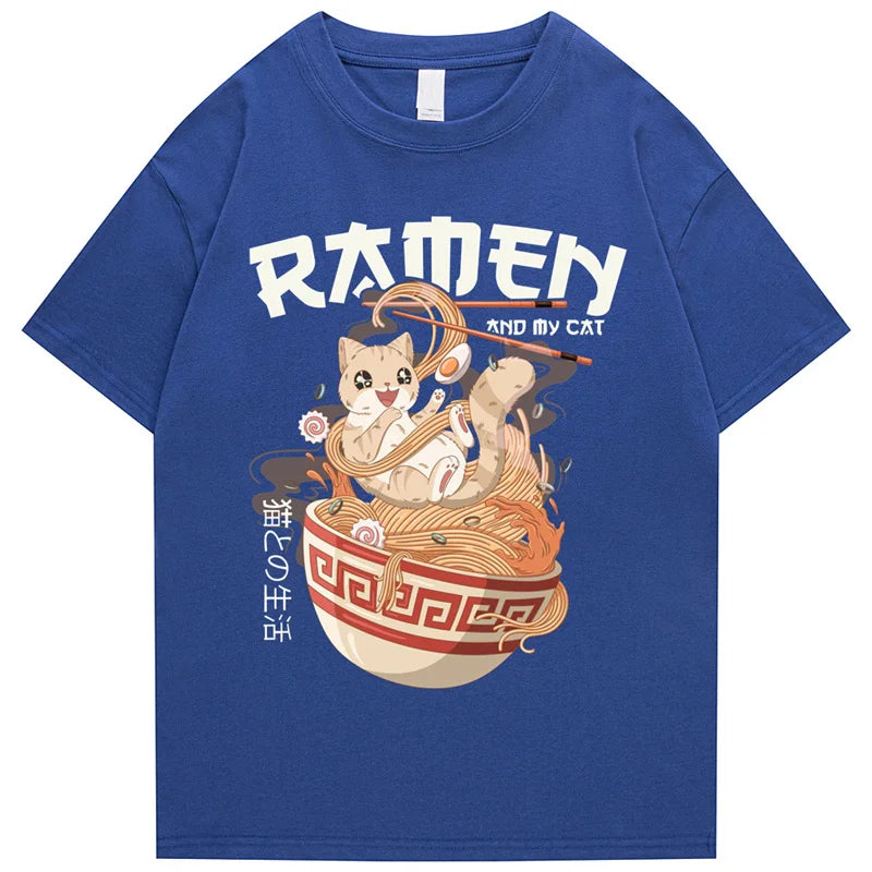 kawaiies-softtoys-plushies-kawaii-plush-Japanese-themed Ramen & Kawaii Cat Unisex Tee Apparel Blue S 