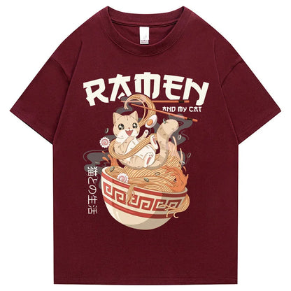 kawaiies-softtoys-plushies-kawaii-plush-Japanese-themed Ramen & Kawaii Cat Unisex Tee Apparel Burgundy S 