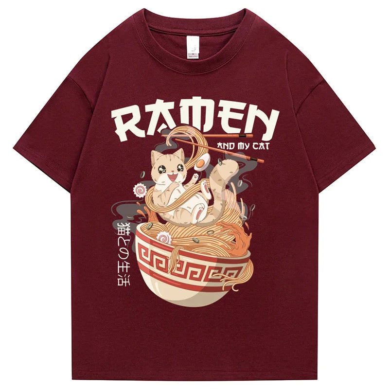 kawaiies-softtoys-plushies-kawaii-plush-Japanese-themed Ramen & Kawaii Cat Unisex Tee Apparel Burgundy S 