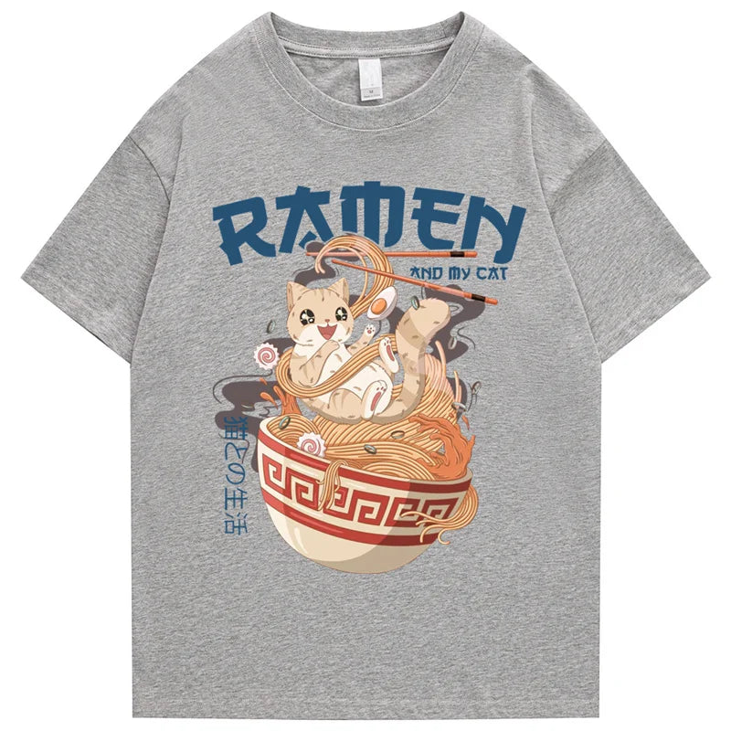 kawaiies-softtoys-plushies-kawaii-plush-Japanese-themed Ramen & Kawaii Cat Unisex Tee Apparel Grey S 