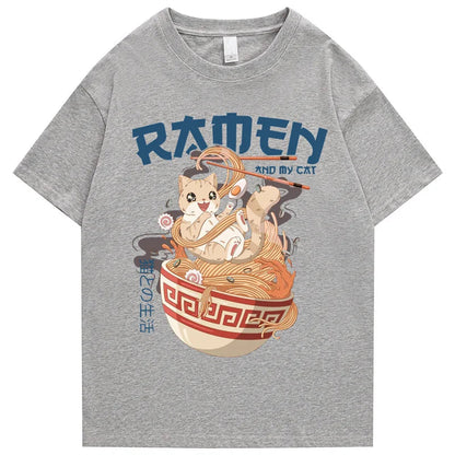 kawaiies-softtoys-plushies-kawaii-plush-Japanese-themed Ramen & Kawaii Cat Unisex Tee Apparel Grey S 