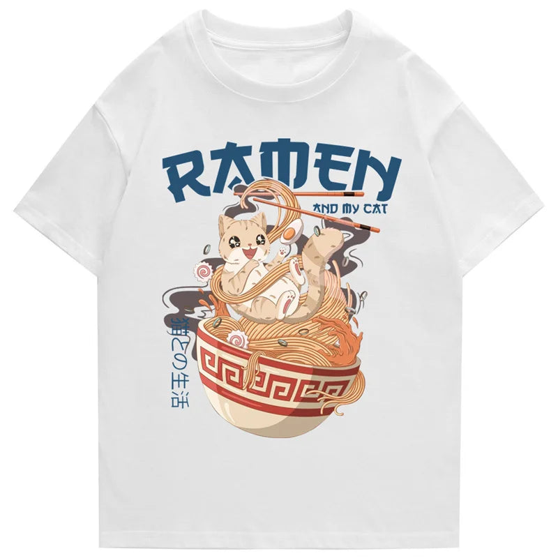 kawaiies-softtoys-plushies-kawaii-plush-Japanese-themed Ramen & Kawaii Cat Unisex Tee Apparel White S 