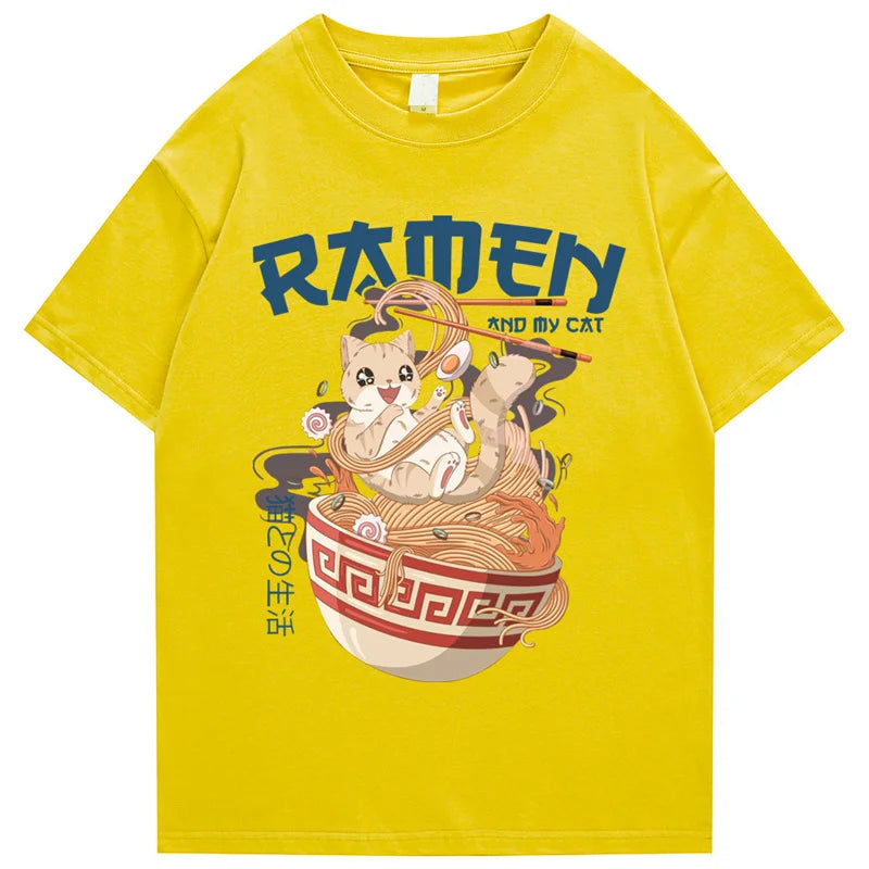kawaiies-softtoys-plushies-kawaii-plush-Japanese-themed Ramen & Kawaii Cat Unisex Tee Apparel Yellow S 