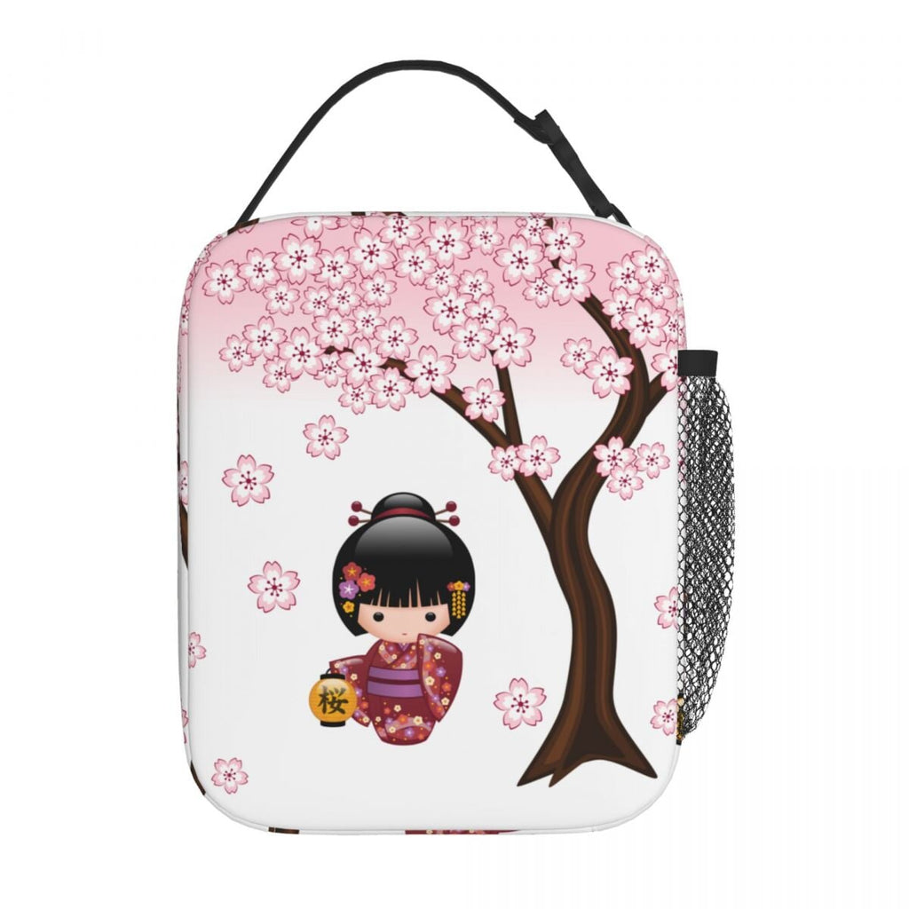 kawaiies-softtoys-plushies-kawaii-plush-Japanese-themed Sakura Blossom Tree Keiko Kokeshi Doll Square Lunch Bag Bag 