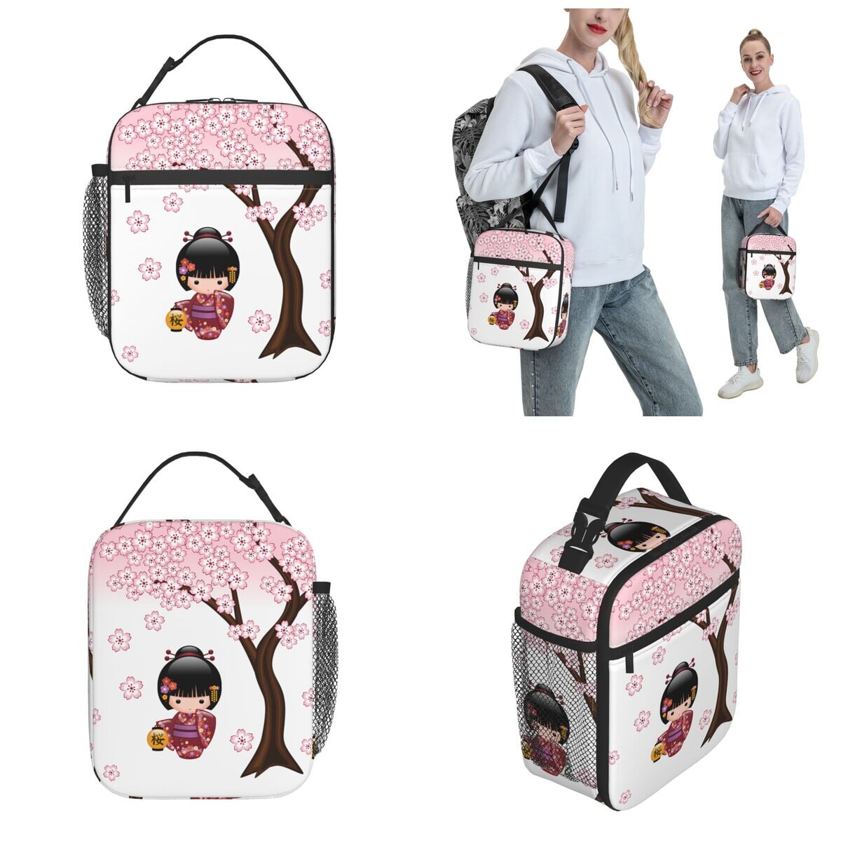 kawaiies-softtoys-plushies-kawaii-plush-Japanese-themed Sakura Blossom Tree Keiko Kokeshi Doll Square Lunch Bag Bag 