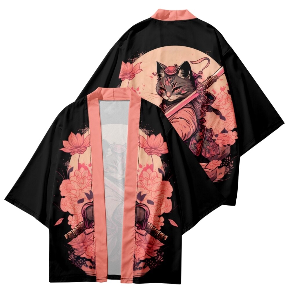 kawaiies-softtoys-plushies-kawaii-plush-Japanese-themed Sakura Samurai Cat Print Unisex Kimono Kimono S 