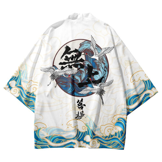 kawaiies-softtoys-plushies-kawaii-plush-Japanese-themed Three Crane Waves White Unisex Kimono Kimono 