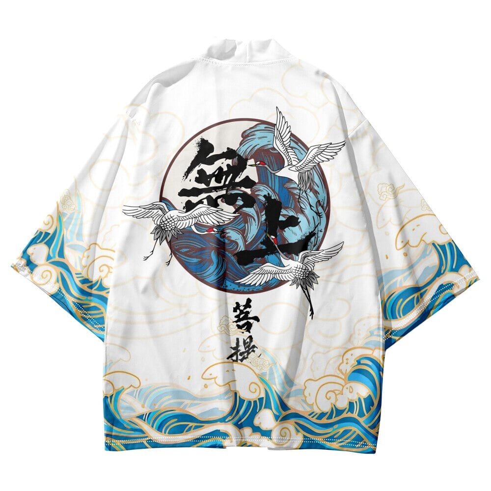 kawaiies-softtoys-plushies-kawaii-plush-Japanese-themed Three Crane Waves White Unisex Kimono Kimono 