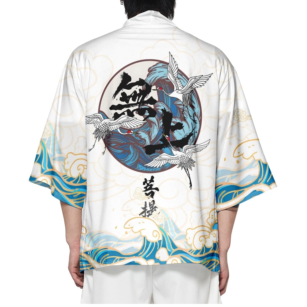 kawaiies-softtoys-plushies-kawaii-plush-Japanese-themed Three Crane Waves White Unisex Kimono Kimono 