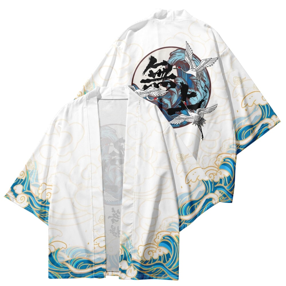 kawaiies-softtoys-plushies-kawaii-plush-Japanese-themed Three Crane Waves White Unisex Kimono Kimono S 