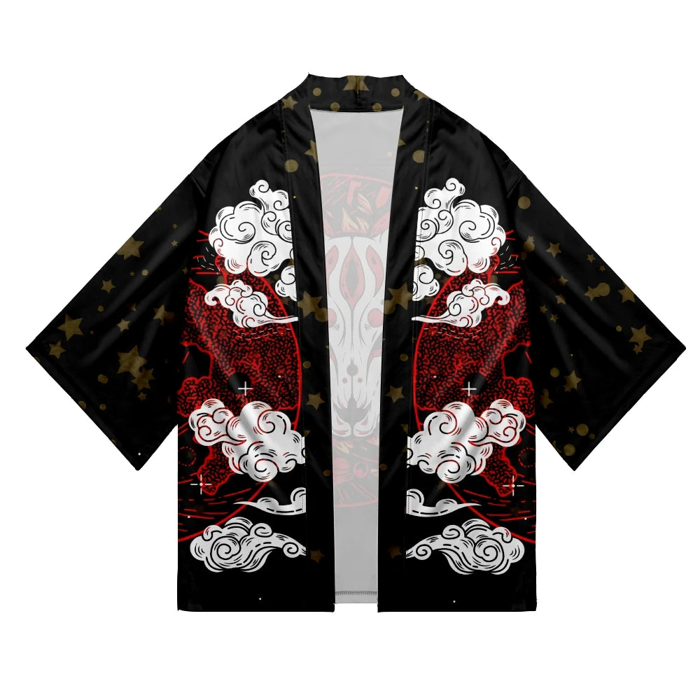 kawaiies-softtoys-plushies-kawaii-plush-Japanese-themed White Fox Mask Print Unisex Kimono Kimono 
