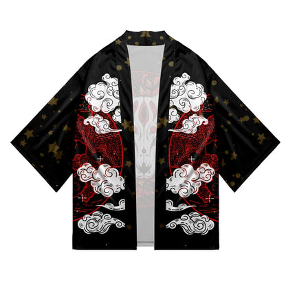 kawaiies-softtoys-plushies-kawaii-plush-Japanese-themed White Fox Mask Print Unisex Kimono Kimono 