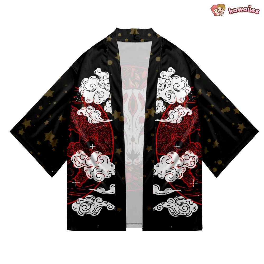 kawaiies-softtoys-plushies-kawaii-plush-Japanese-themed White Fox Mask Print Unisex Kimono Kimono 