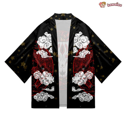 kawaiies-softtoys-plushies-kawaii-plush-Japanese-themed White Fox Mask Print Unisex Kimono Kimono 