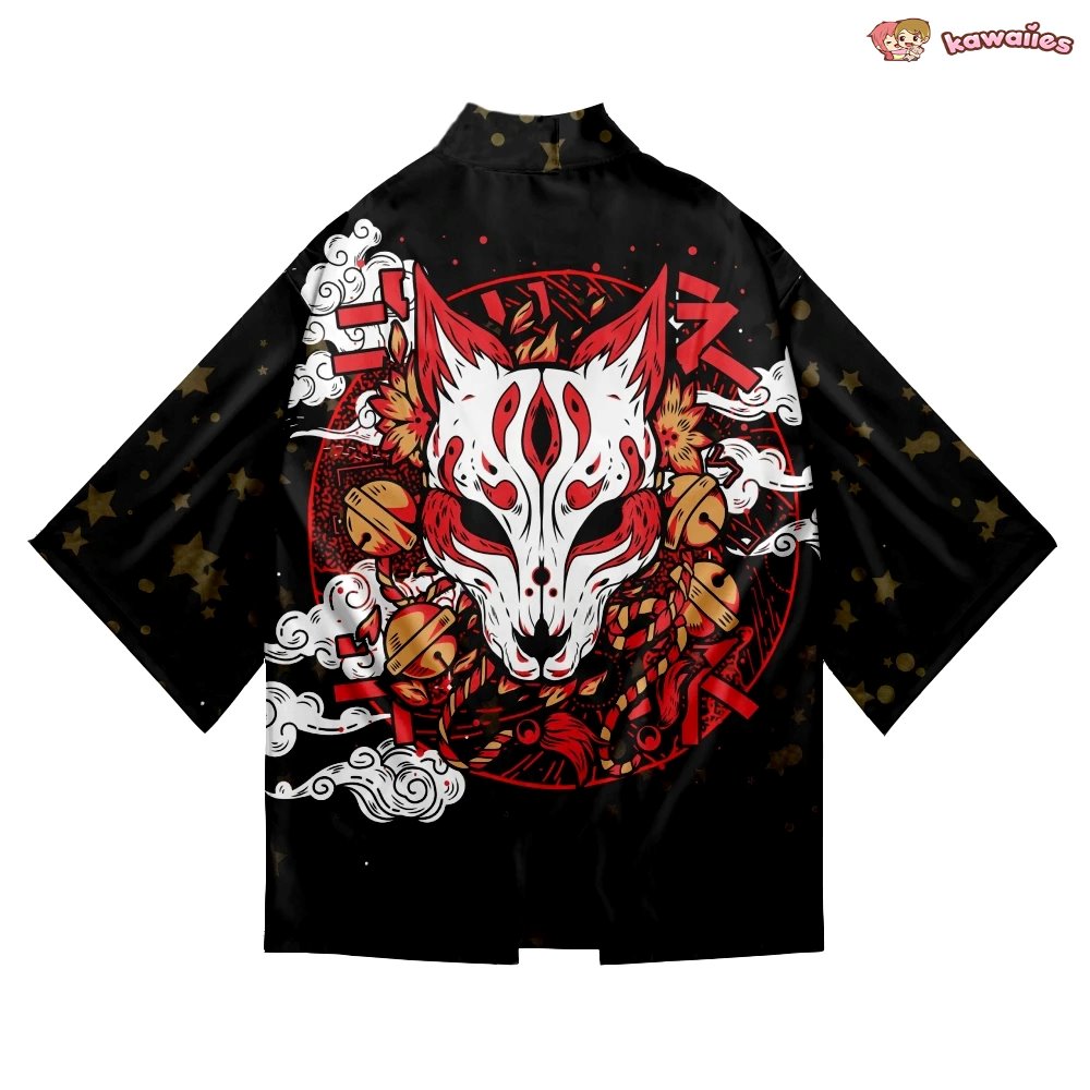kawaiies-softtoys-plushies-kawaii-plush-Japanese-themed White Fox Mask Print Unisex Kimono Kimono 
