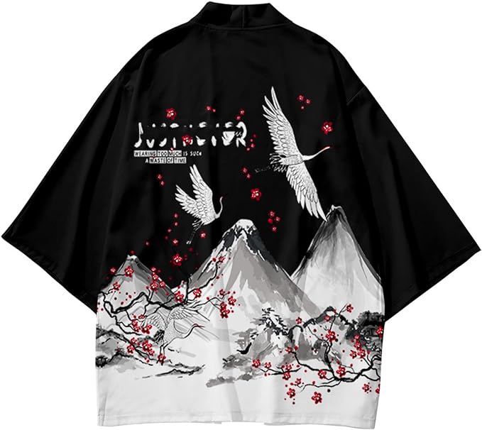 kawaiies-softtoys-plushies-kawaii-plush-Japanese White Black Sakura Crane Mountains Mens Two-Piece Kimono Yukata Top & Pants Sets Kimono 