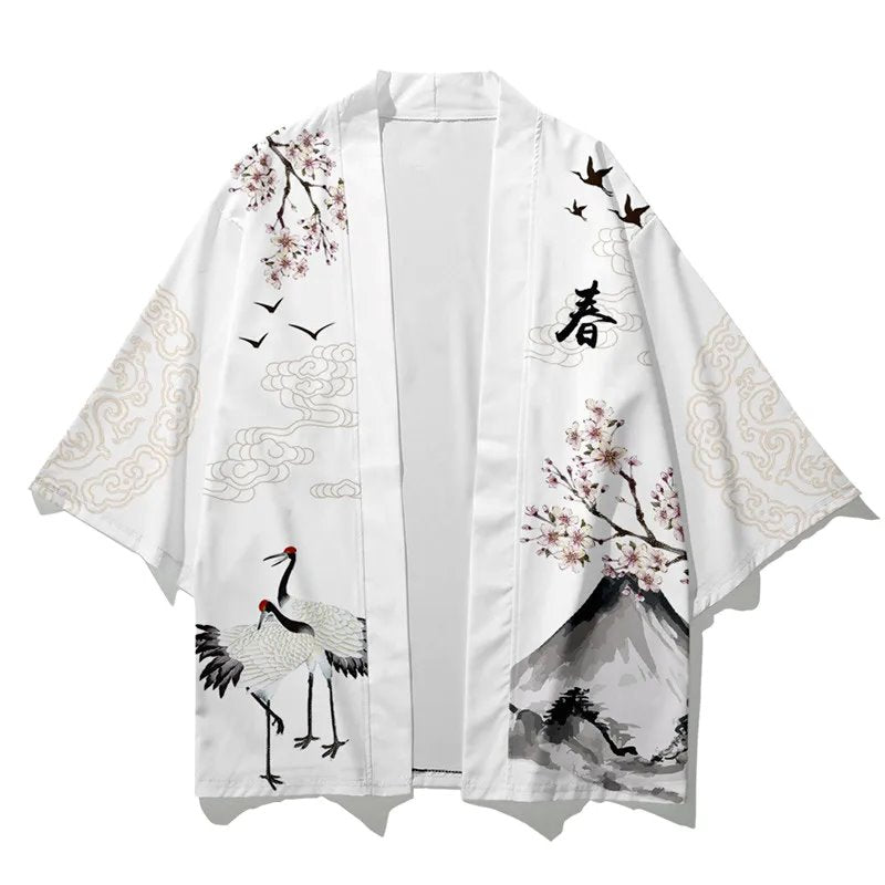 kawaiies-softtoys-plushies-kawaii-plush-Japanese White Black Sakura Crane Mountains Mens Two-Piece Kimono Yukata Top & Pants Sets Kimono 