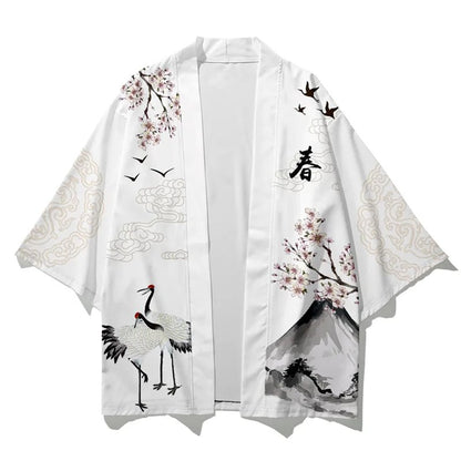 kawaiies-softtoys-plushies-kawaii-plush-Japanese White Black Sakura Crane Mountains Mens Two-Piece Kimono Yukata Top & Pants Sets Kimono 