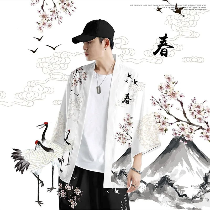 kawaiies-softtoys-plushies-kawaii-plush-Japanese White Black Sakura Crane Mountains Mens Two-Piece Kimono Yukata Top & Pants Sets Kimono 