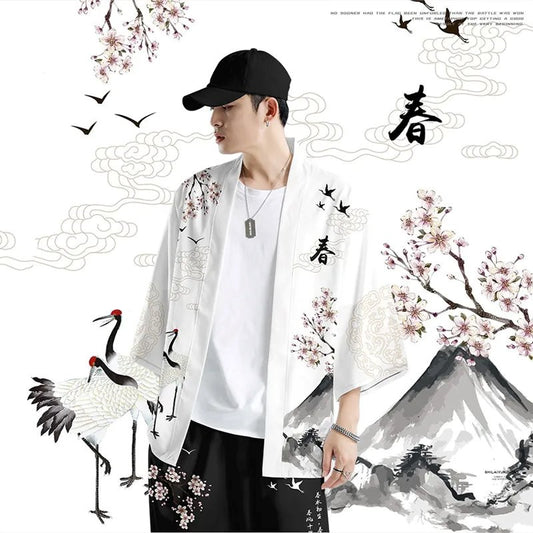 kawaiies-softtoys-plushies-kawaii-plush-Japanese White Black Sakura Crane Mountains Mens Two-Piece Kimono Yukata Top & Pants Sets Kimono 