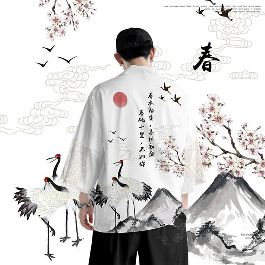 kawaiies-softtoys-plushies-kawaii-plush-Japanese White Black Sakura Crane Mountains Mens Two-Piece Kimono Yukata Top & Pants Sets Kimono 