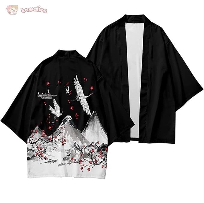 kawaiies-softtoys-plushies-kawaii-plush-Japanese White Black Sakura Crane Mountains Mens Two-Piece Kimono Yukata Top & Pants Sets Kimono 