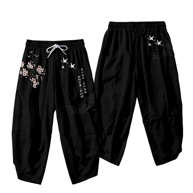 kawaiies-softtoys-plushies-kawaii-plush-Japanese White Black Sakura Crane Mountains Mens Two-Piece Kimono Yukata Top & Pants Sets Kimono 