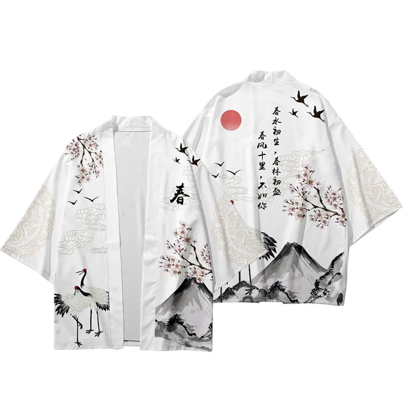 kawaiies-softtoys-plushies-kawaii-plush-Japanese White Black Sakura Crane Mountains Mens Two-Piece Kimono Yukata Top & Pants Sets Kimono 