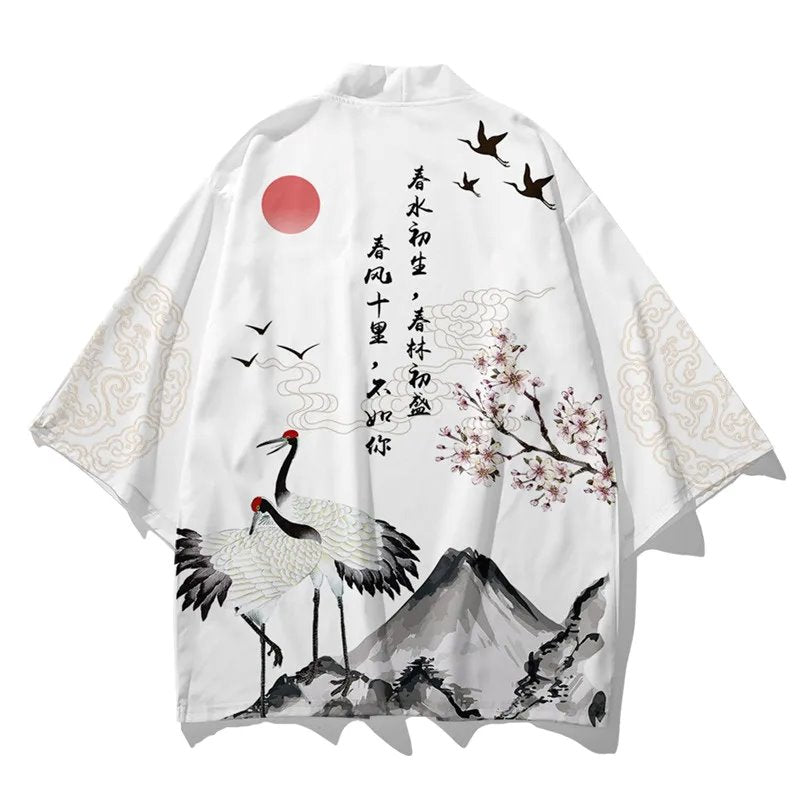 kawaiies-softtoys-plushies-kawaii-plush-Japanese White Black Sakura Crane Mountains Mens Two-Piece Kimono Yukata Top & Pants Sets Kimono 