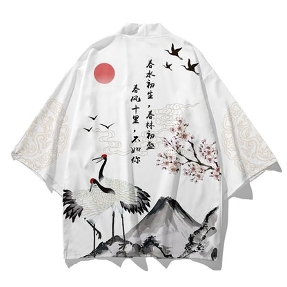 kawaiies-softtoys-plushies-kawaii-plush-Japanese White Black Sakura Crane Mountains Mens Two-Piece Kimono Yukata Top & Pants Sets Kimono 