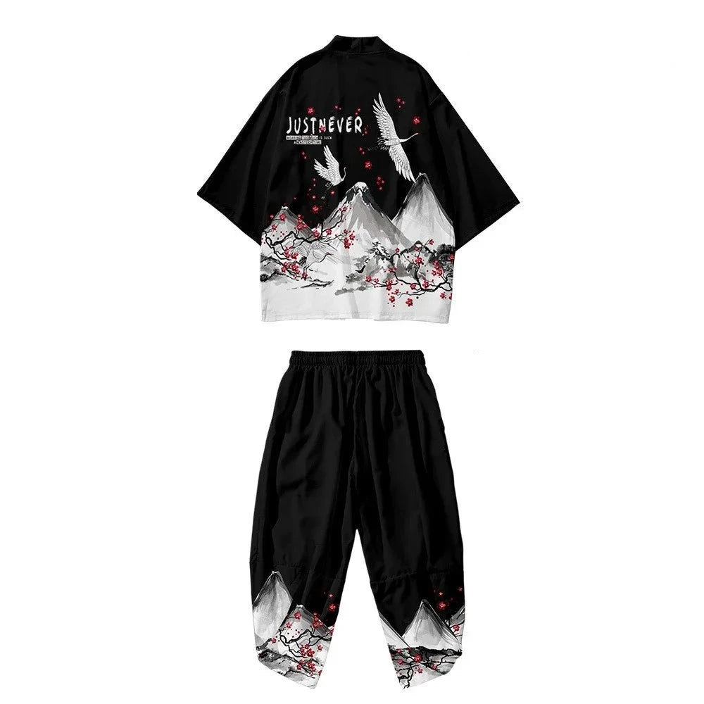 kawaiies-softtoys-plushies-kawaii-plush-Japanese White Black Sakura Crane Mountains Mens Two-Piece Kimono Yukata Top & Pants Sets Kimono Black M 