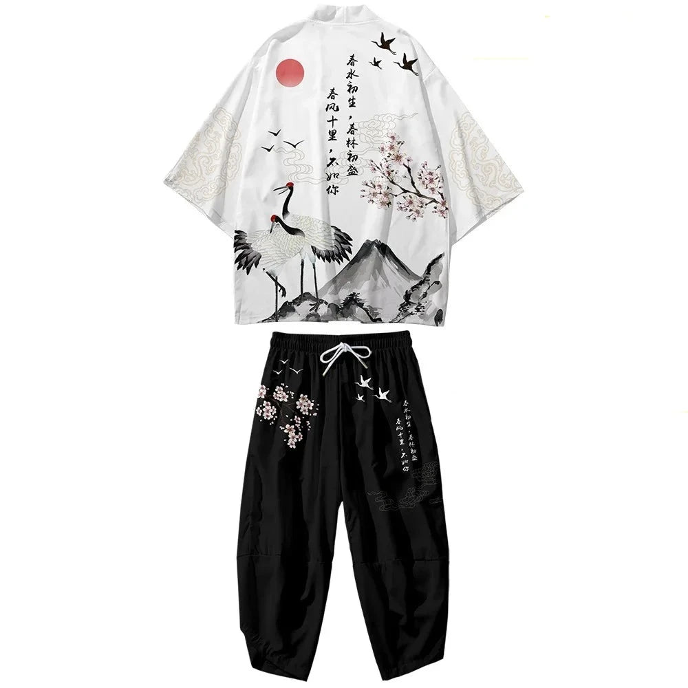 kawaiies-softtoys-plushies-kawaii-plush-Japanese White Black Sakura Crane Mountains Mens Two-Piece Kimono Yukata Top & Pants Sets Kimono White M 