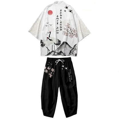 kawaiies-softtoys-plushies-kawaii-plush-Japanese White Black Sakura Crane Mountains Mens Two-Piece Kimono Yukata Top & Pants Sets Kimono White M 