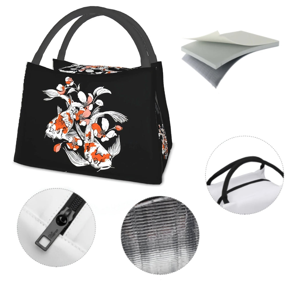 kawaiies-softtoys-plushies-kawaii-plush-Japense-themed Koi And Sakura Black Lunch Bag Bag 