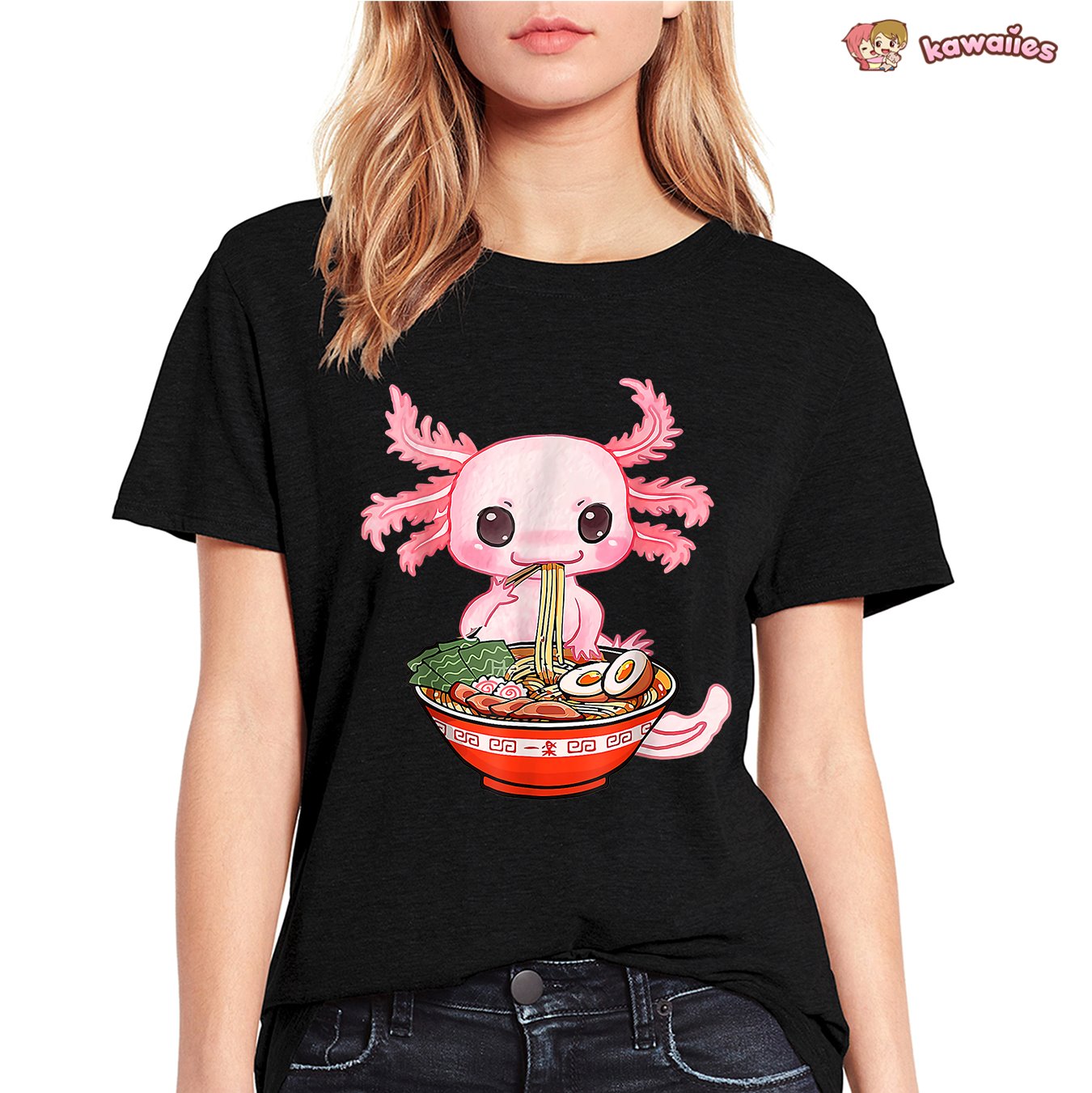 kawaiies-softtoys-plushies-kawaii-plush-Kawaii Axolotl Enjoying Ramen Noodles Tee Apparel 