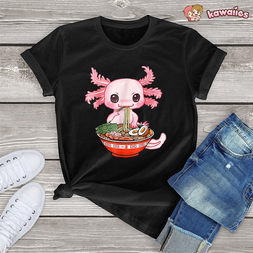 kawaiies-softtoys-plushies-kawaii-plush-Kawaii Axolotl Enjoying Ramen Noodles Tee Apparel 