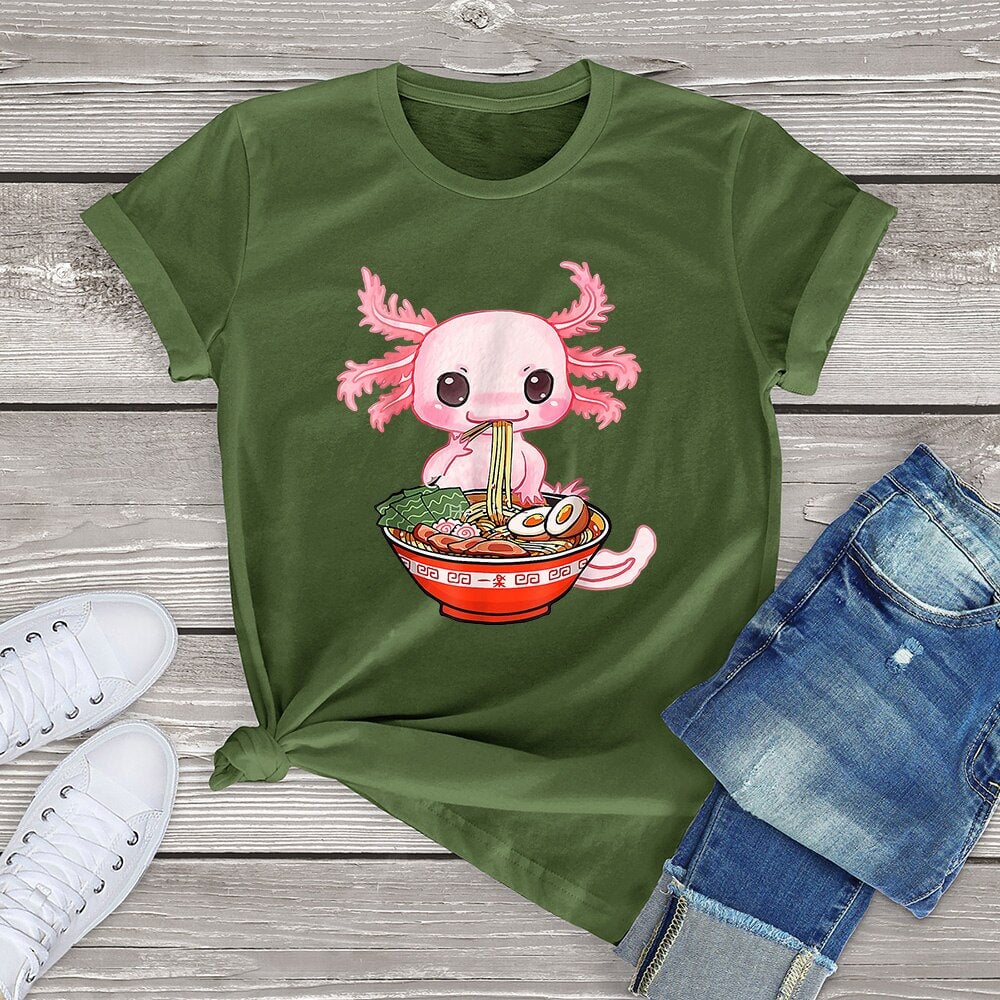 kawaiies-softtoys-plushies-kawaii-plush-Kawaii Axolotl Enjoying Ramen Noodles Tee Apparel Army Green XS 