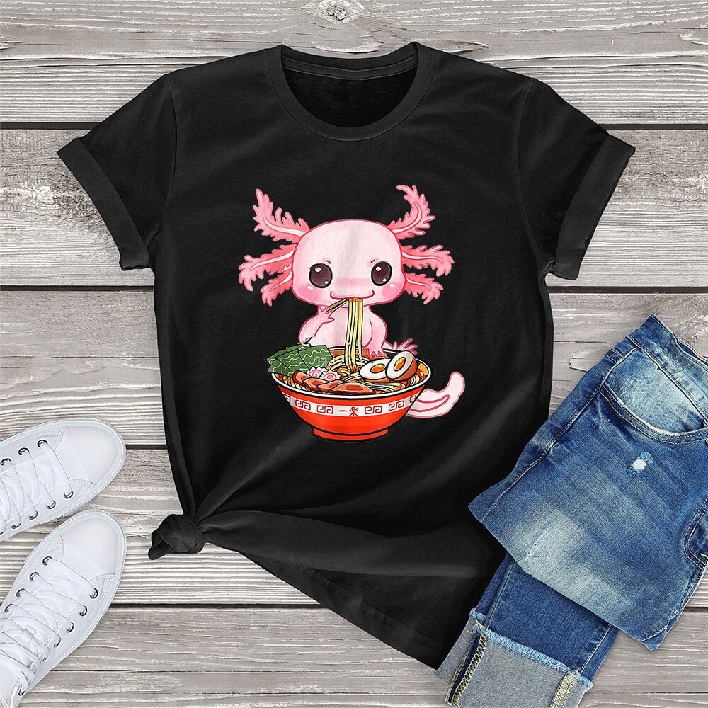kawaiies-softtoys-plushies-kawaii-plush-Kawaii Axolotl Enjoying Ramen Noodles Tee Apparel Black XS 