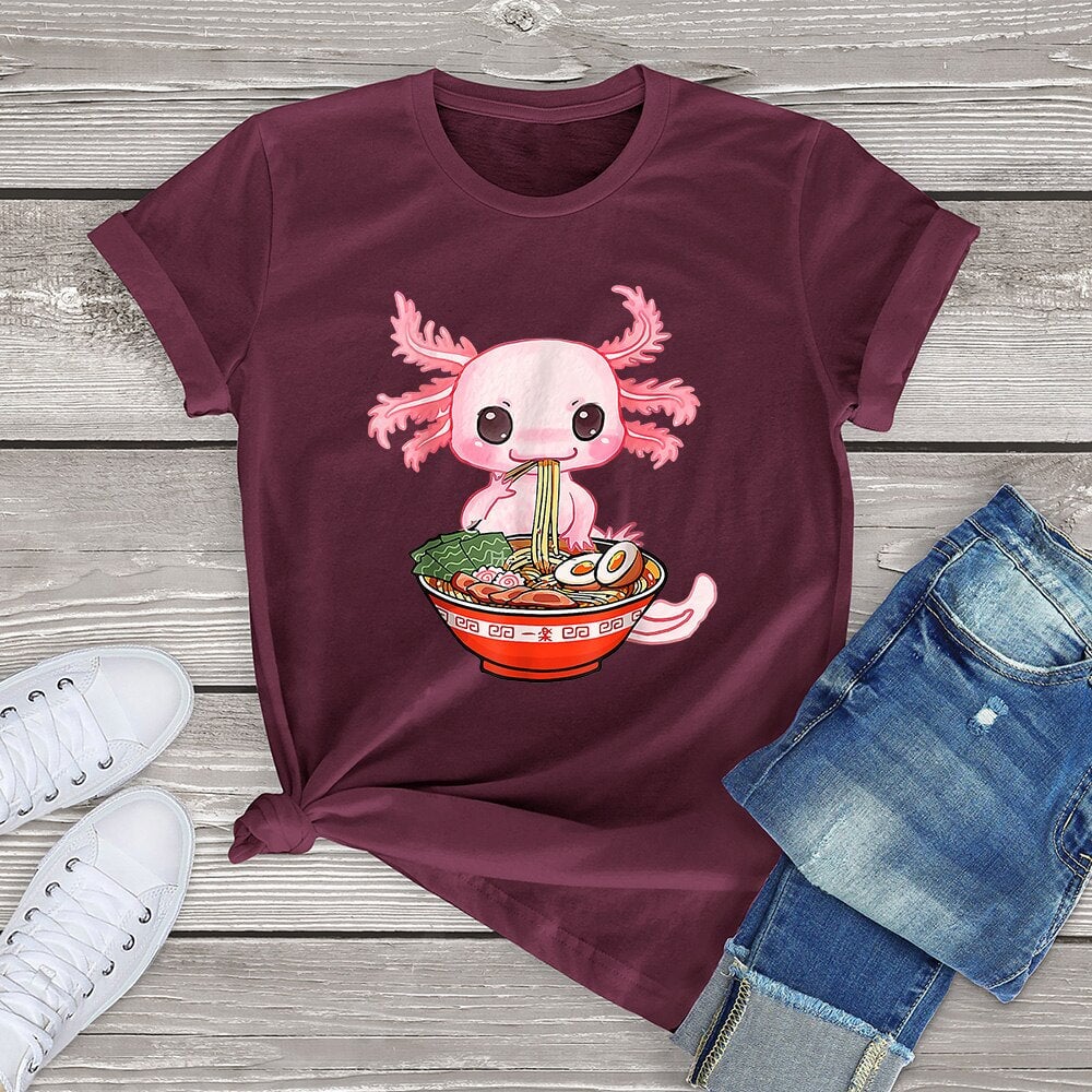 kawaiies-softtoys-plushies-kawaii-plush-Kawaii Axolotl Enjoying Ramen Noodles Tee Apparel Burgundy XS 