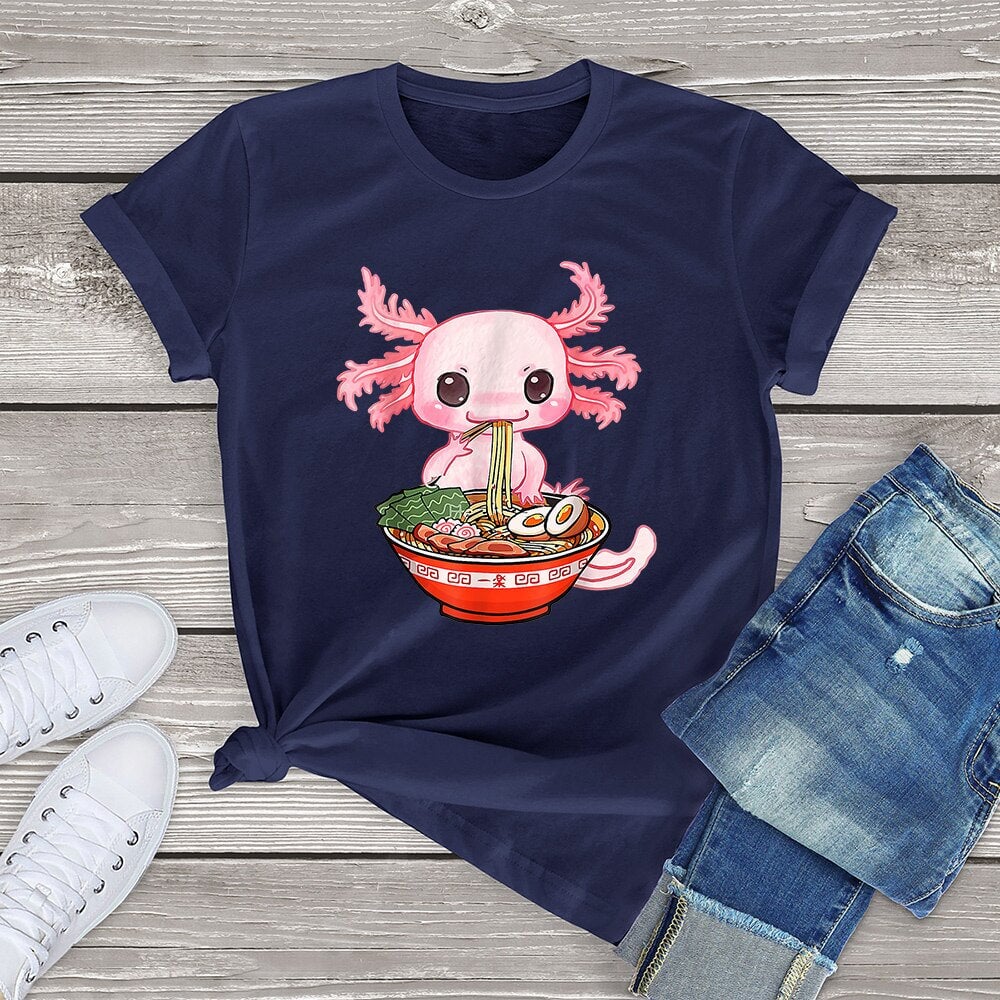 kawaiies-softtoys-plushies-kawaii-plush-Kawaii Axolotl Enjoying Ramen Noodles Tee Apparel Navy XS 