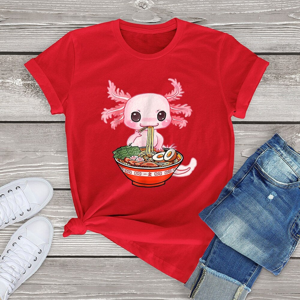kawaiies-softtoys-plushies-kawaii-plush-Kawaii Axolotl Enjoying Ramen Noodles Tee Apparel Red XS 