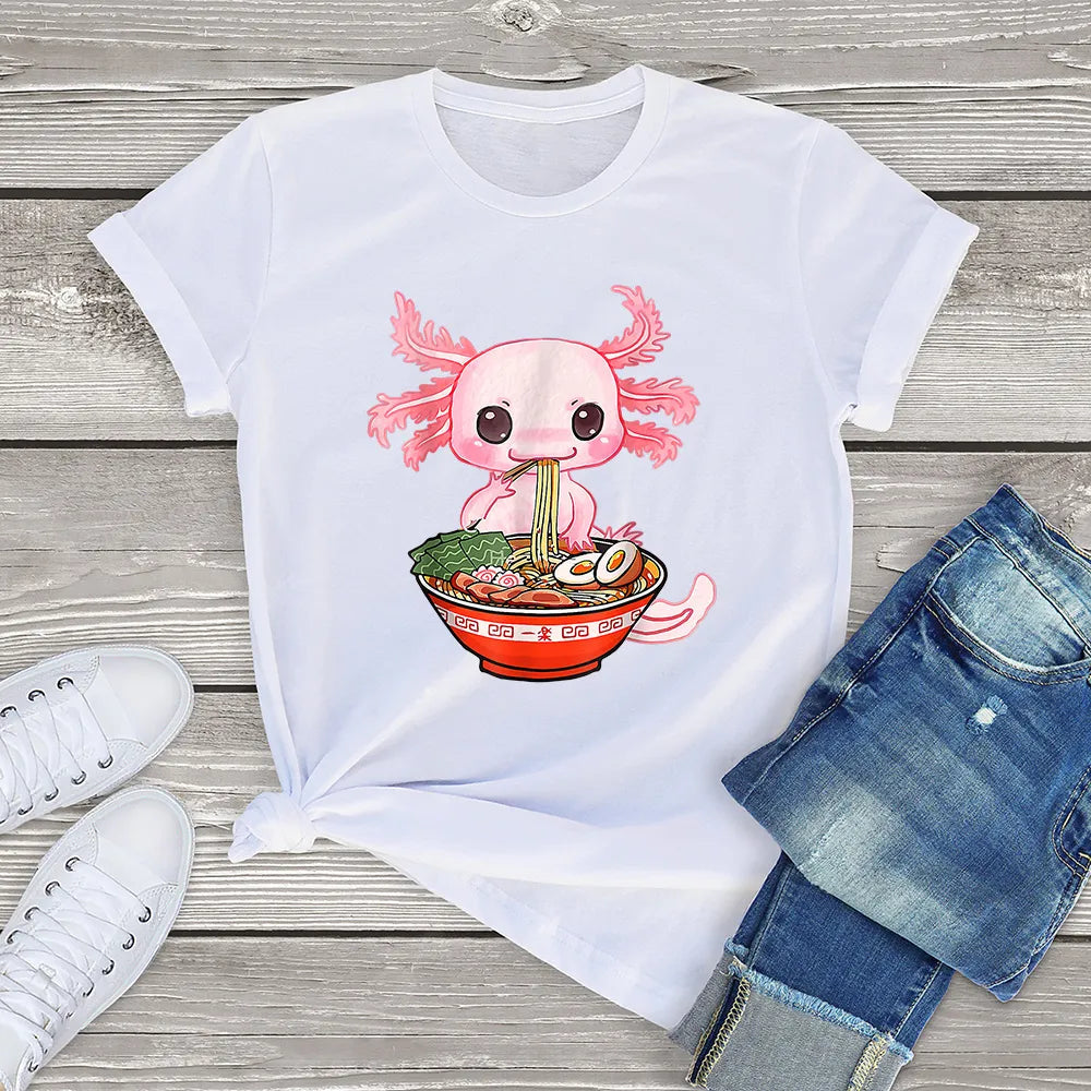 kawaiies-softtoys-plushies-kawaii-plush-Kawaii Axolotl Enjoying Ramen Noodles Tee Apparel White XS 