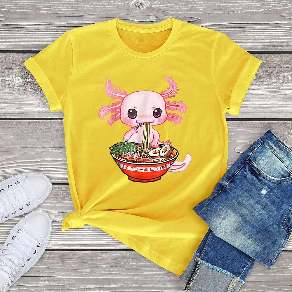 kawaiies-softtoys-plushies-kawaii-plush-Kawaii Axolotl Enjoying Ramen Noodles Tee Apparel Yellow XS 