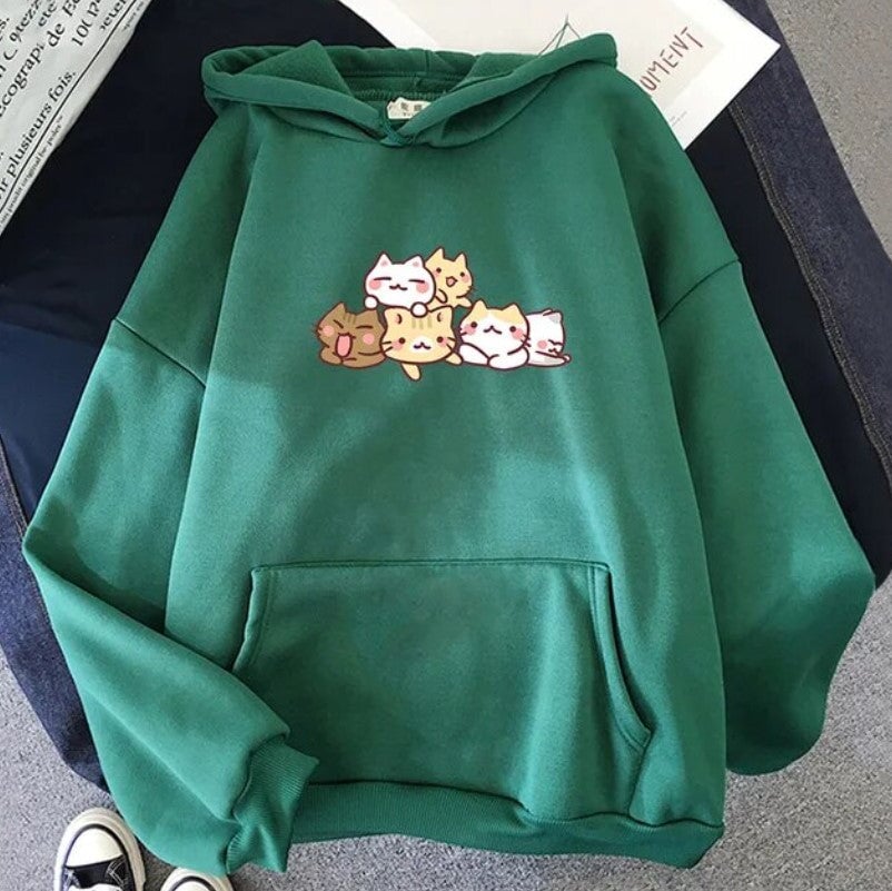 kawaiies-softtoys-plushies-kawaii-plush-Kawaii Cat Party Unisex Hoodie Hoodies Dark Green S 