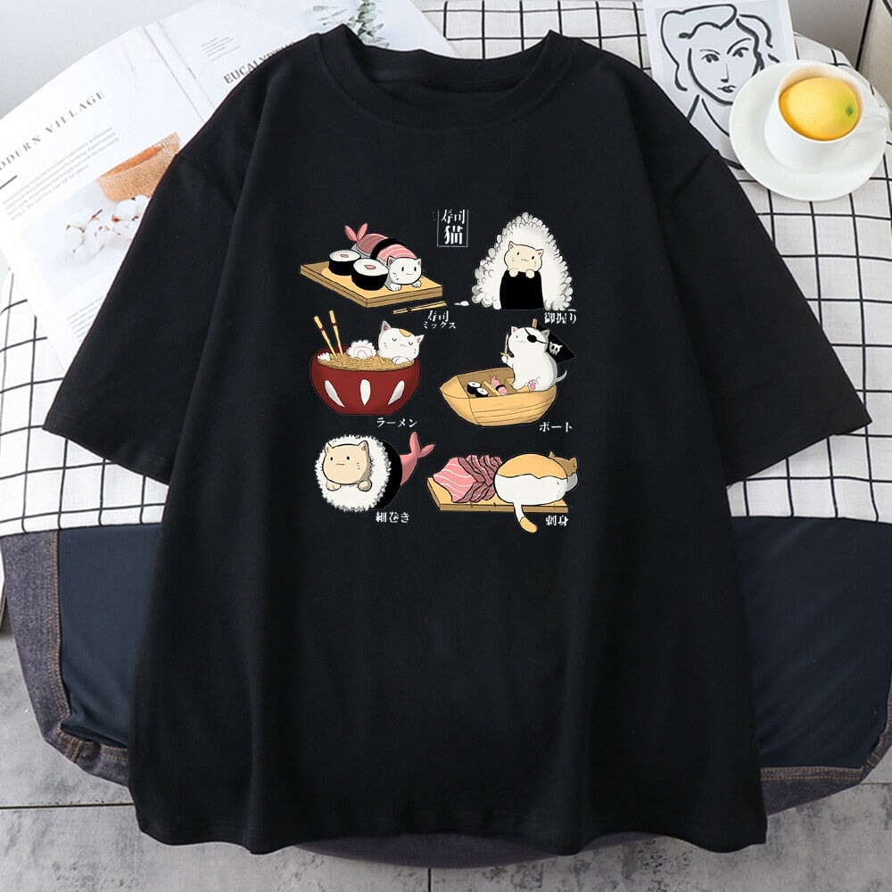 kawaiies-softtoys-plushies-kawaii-plush-Kawaii Cat Sushi Harajuku Cotton Unisex Tee | NEW Apparel Black S 