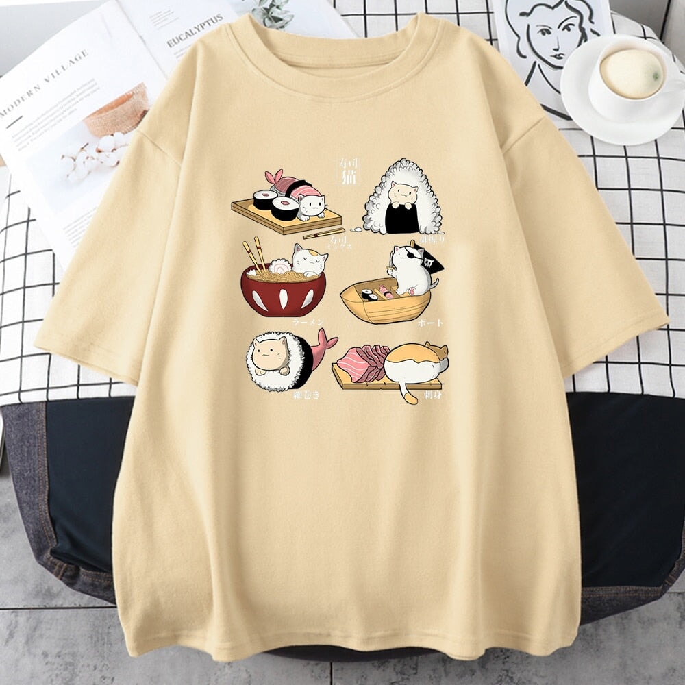 kawaiies-softtoys-plushies-kawaii-plush-Kawaii Cat Sushi Harajuku Cotton Unisex Tee | NEW Apparel Cream S 