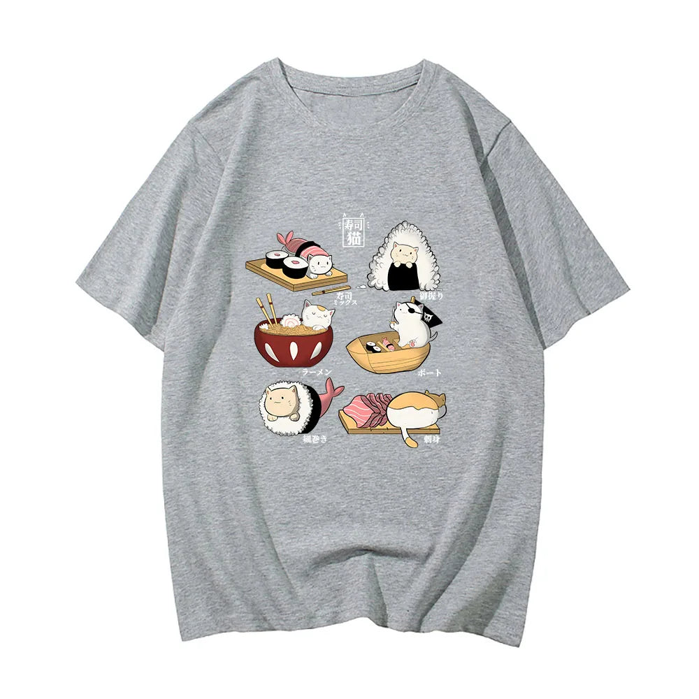 kawaiies-softtoys-plushies-kawaii-plush-Kawaii Cat Sushi Harajuku Cotton Unisex Tee | NEW Apparel Gray S 